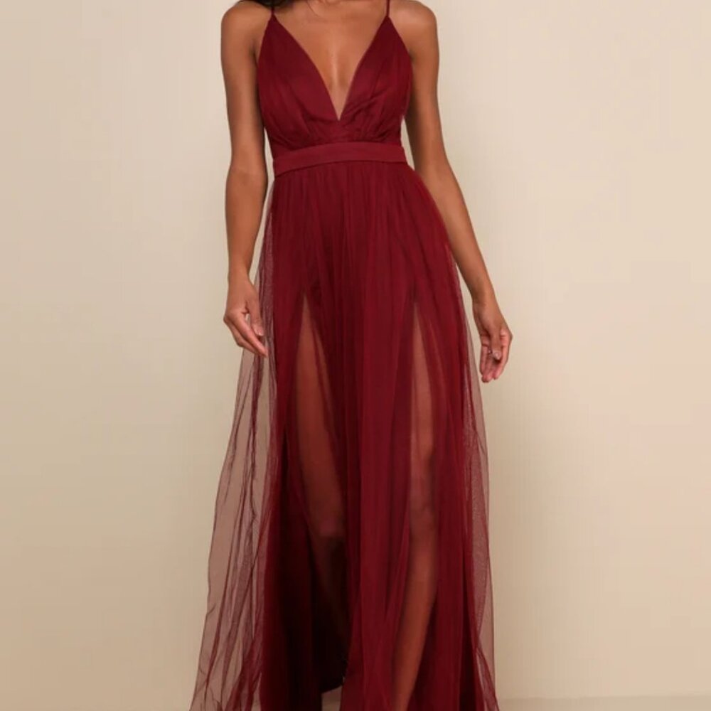 Rare Beauty Burgundy Tulle Backless Maxi Dress (Lulus)